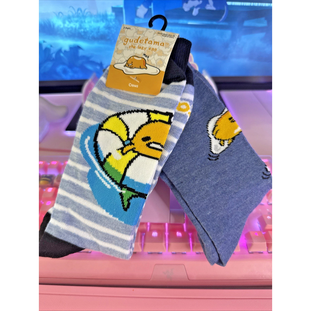 Gudetama The Lazy Egg Crew Socks 2 Pair Pack Stripes Pool Float Tube 2024 Sanrio